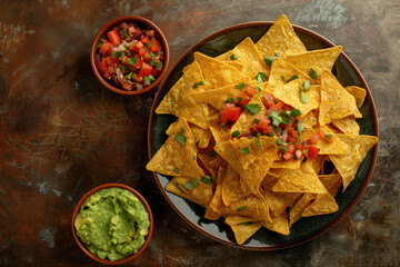 Mexican nachos chips with salsa and guacamole