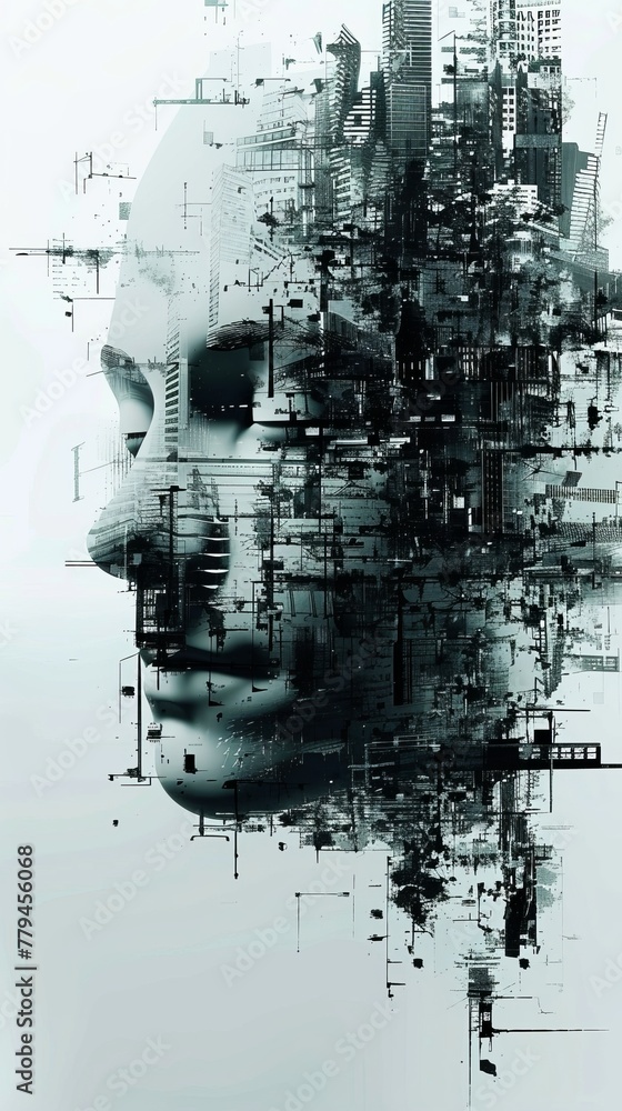 Poster a human face with subtle hints of building structures ai generated illustration