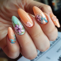 Female hand with nail design. Female hand with beautiful manicure - 779456010