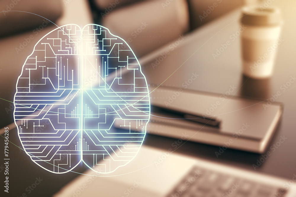 Aufkleber Double exposure of creative artificial Intelligence symbol with modern laptop on background. Neural networks and machine learning concept