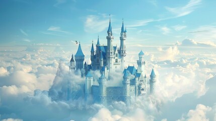 Fototapeta na wymiar A magical castle floating in the clouds with turrets and spires reaching towards the sky AI generated illustration