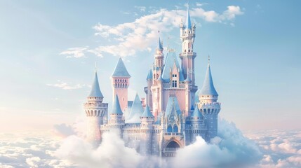 A magical castle floating in the clouds with turrets and spires reaching towards the sky  AI generated illustration - obrazy, fototapety, plakaty