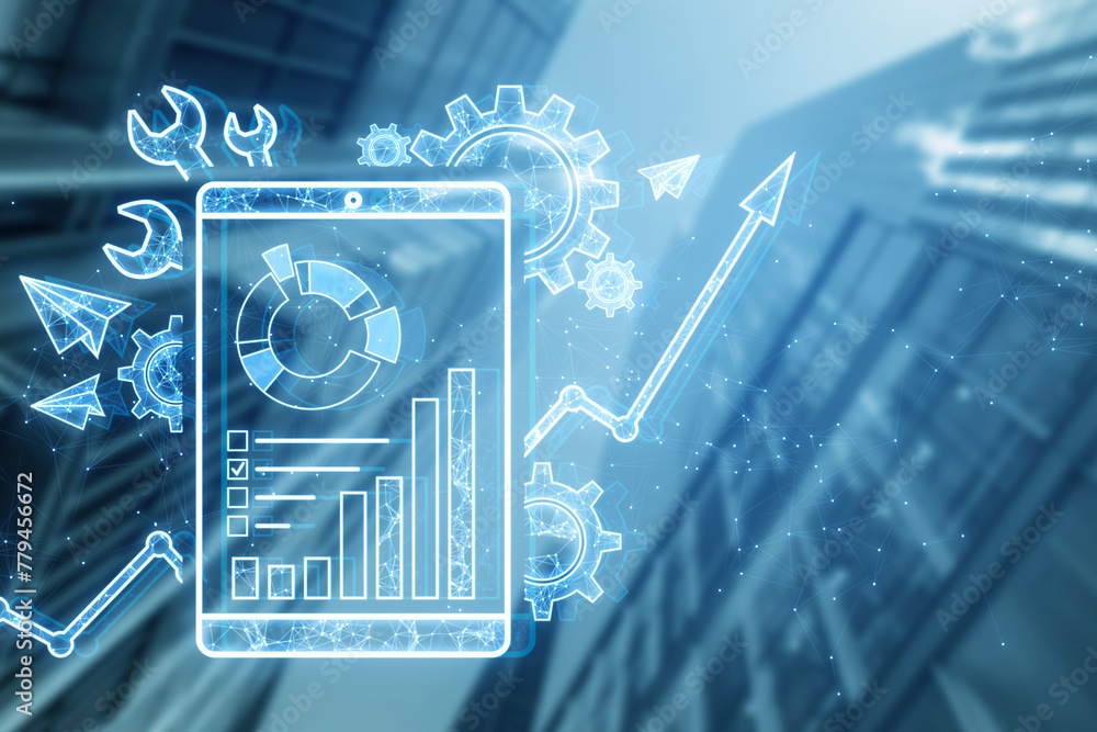 Poster creative polygonal interface with cogs and business chart on blurry city backdrop. project managemen