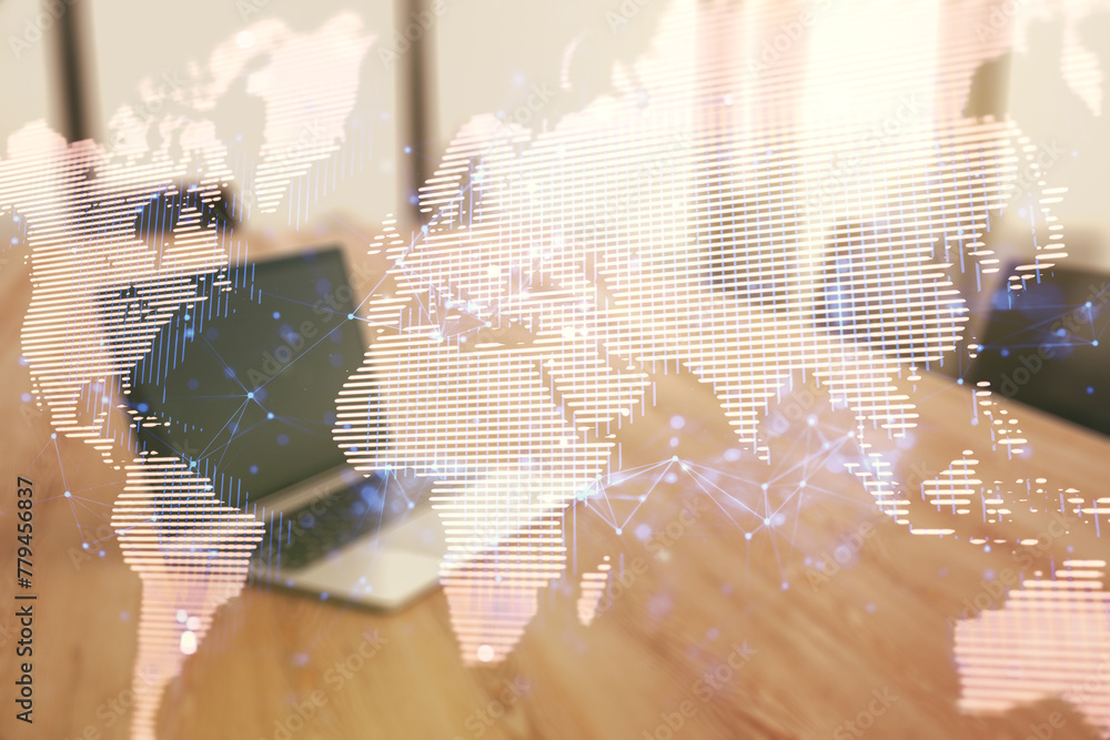 Poster multi exposure of abstract creative digital world map on laptop background, research and analytics c