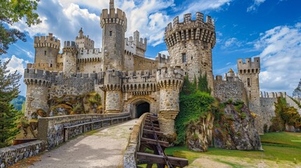A medieval castle with a drawbridge and turrets  AI generated illustration