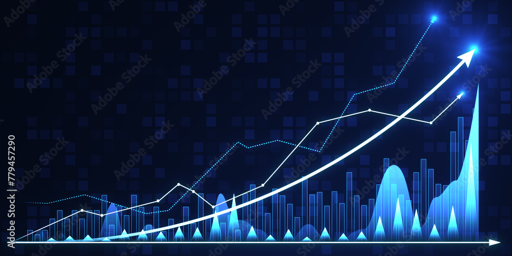 Poster abstract growing index business graph on blurry blue background. financial growth and invest concept