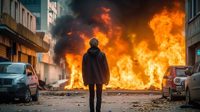 A man in a black coat stands in the middle of a burning city street.