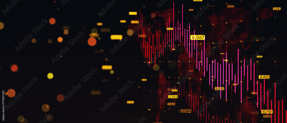 Poster Abstract wide downward red forex chart with map, grid and index on dark background. Financial crisis and recession concept. 3D Rendering.