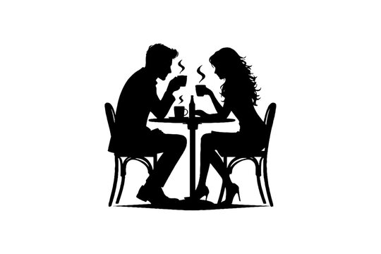 man, and women drinking silhouette vector, couple sitting restaurant silhouette,