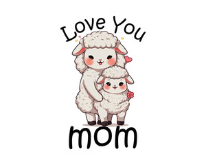Love you mom typography design with cute baby and mother sheep Mother's Day vector illustration