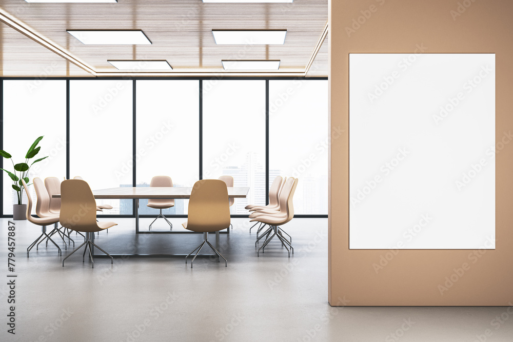 Poster modern light meeting room interior with empty white mock up banner on wall, furniture and panoramic 
