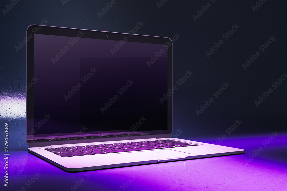 Poster close up of creative neon purple light gaming notebook with mock up place. 3d rendering.