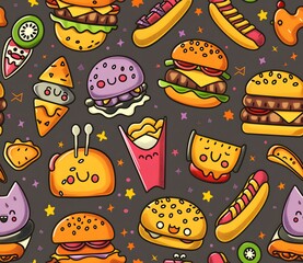 Cute kawaii fast food pattern with cheeseburgers, hot dogs and milkshakes on a dark purple background
