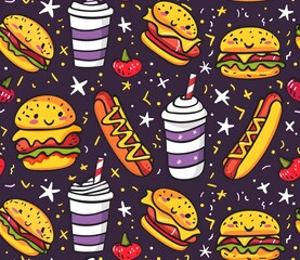 Cute kawaii fast food pattern with cheeseburgers, hot dogs and milkshakes on a dark purple background