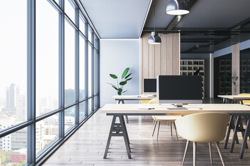 Contemporary wooden and concrete coworking office interior with panoramic window and city view. Workplace concept. 3D Rendering.