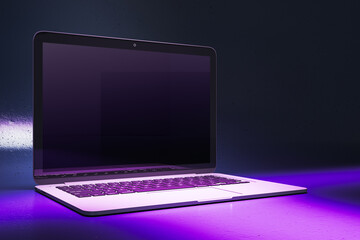 Close up of creative neon purple light gaming notebook with mock up place. 3D Rendering. - obrazy, fototapety, plakaty