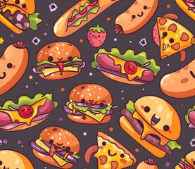 Cute kawaii fast food pattern with cheeseburgers, hot dogs and milkshakes on a dark purple background