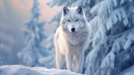 White wolf in the winter forest. Animal in the nature habitat.