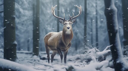 Beautiful red deer in the winter forest. Wild animal in the forest.
