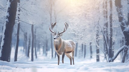 Beautiful red deer in the winter forest. Wild animal in the forest.