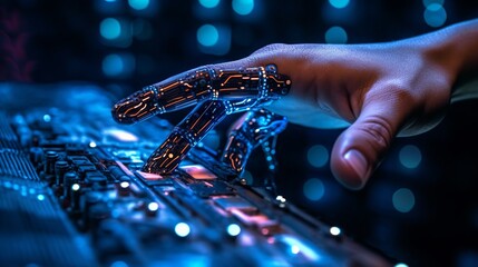 Close up view of human hand touching robot arm with glowing light trails