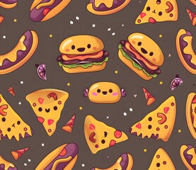 Cute kawaii fast food pattern with cheeseburgers, hot dogs and milkshakes on a dark purple background