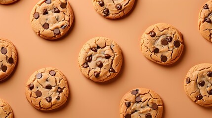 Realistic chocolate chip cookies apart from each other photo pattern, flat color background, isometric, view from top