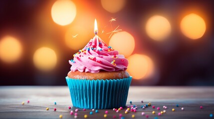 Birthday cupcake with candle on wooden table and bokeh background