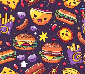 Cute kawaii fast food pattern with cheeseburgers, hot dogs and milkshakes on a dark purple background