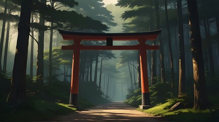 Torii forest Afternoon Anime background Illustration .Generative AI