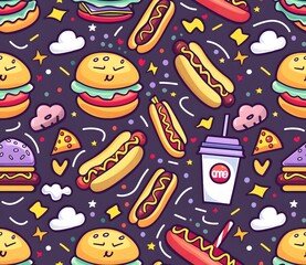 Cute kawaii fast food pattern with cheeseburgers, hot dogs and milkshakes on a dark purple background