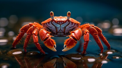 Close-up of red crab in water on dark blue background.