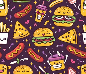 Cute kawaii fast food pattern with cheeseburgers, hot dogs and milkshakes on a dark purple background