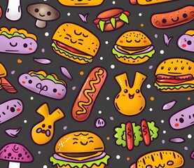 Cute kawaii fast food pattern with cheeseburgers, hot dogs and milkshakes on a dark purple background