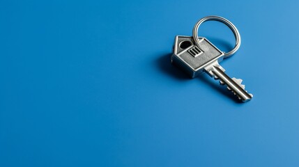 House keys on a blue background with copy space. Real estate concept.