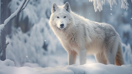 White wolf in the winter forest. Animal in the nature habitat.