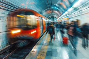 A bustling urban metro station at rush hour with a blur of passengers and a train pulling into the station - obrazy, fototapety, plakaty