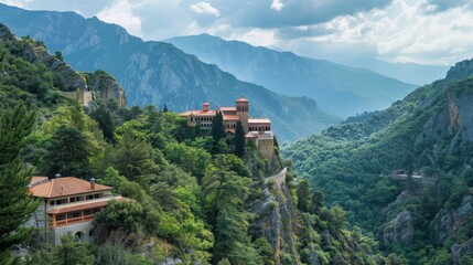 Fototapeta na wymiar A peaceful monastery nestled in the mountains AI generated illustration