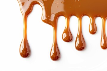 Dripping caramel drops of sweet sauce isolated on white background. Melted caramel sauce