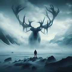 Foto op Plexiglas A man standing in front of a massive reindeer in foggy jungle © BillyMakes