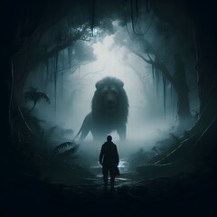 A man standing in front of a massive lion in foggy jungle