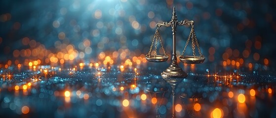 Scales of justice against digital backdrop symbolizing modern data law duality. Concept Data Privacy, Modern Law, Digital Technology, Scales of Justice, Data Protection - obrazy, fototapety, plakaty