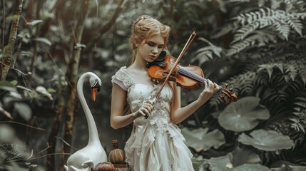 A young woman, dressed as a swan, stands in a forest with a violin in her hand.