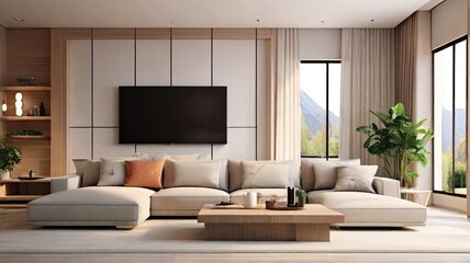 Minimalist Living Room Coffee Table and Television with Backdrop of Natural Light