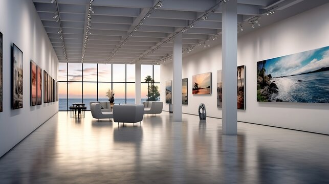 Modern art gallery interior with paintings on the wall