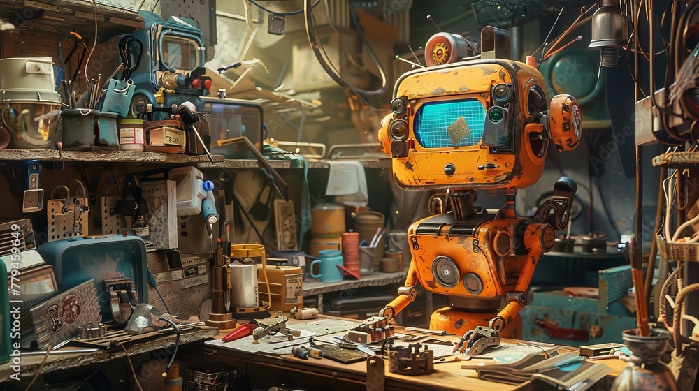 Poster a quirky robot inventor tinkering in a cluttered workshop ai generated illustration