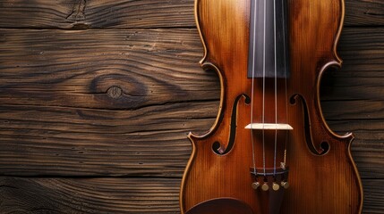 Fototapeta na wymiar Close up strings of a brown violin resting on a wooden background.
