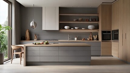 Minimalist Kitchen Set Grey Ash and Wood Nuance Elegant with Backdrop of Natural Light