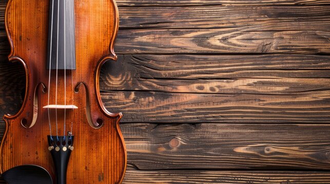 Close up strings of a brown violin resting on a wooden background.