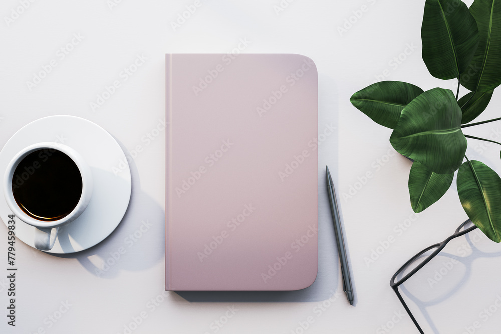Poster top view white office desk with coffee cup, decorative plant, glasses and empty mock up notepad. mor